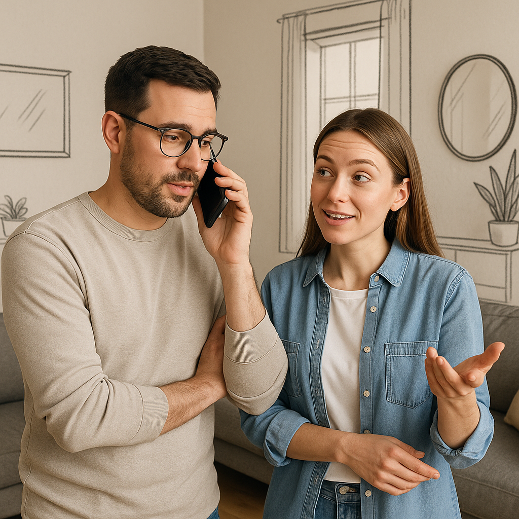 a couple talking on the phone to a remodeling company.
